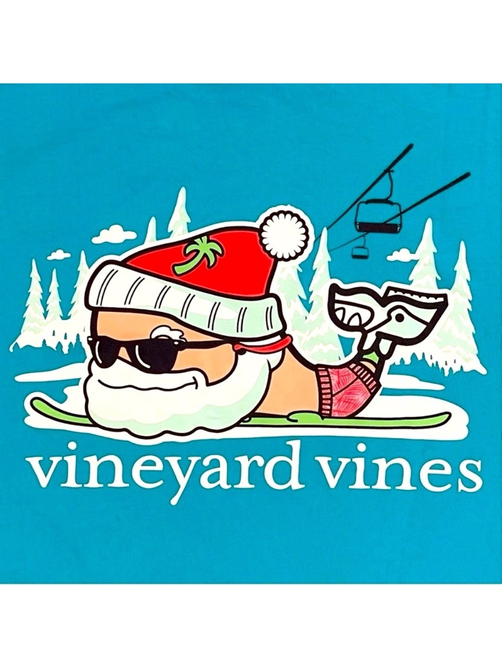 Vineyard Vines Long Sleeve Tee Mens Medium Santa Skis Whale Pocket T-Shirt Blue